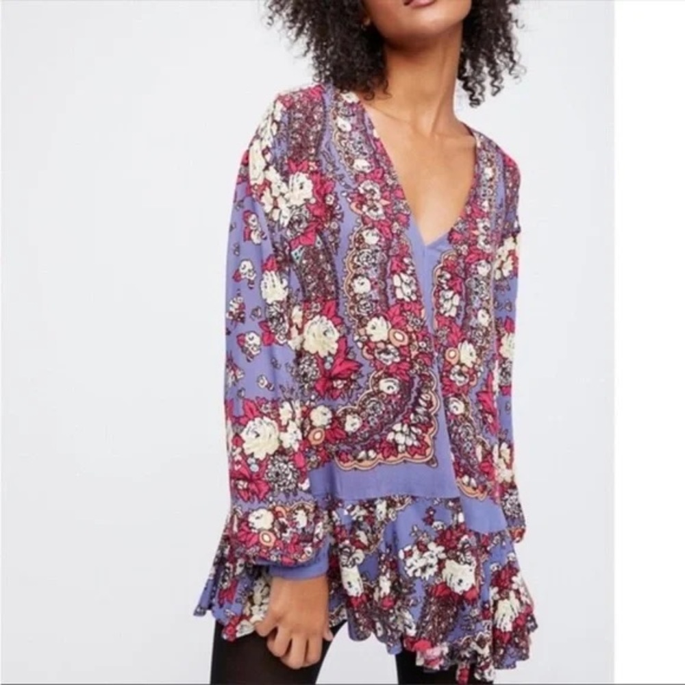 Free People Lovely Dreams Print Long Sleeve Swing Tunic Top Floral Purple XS
